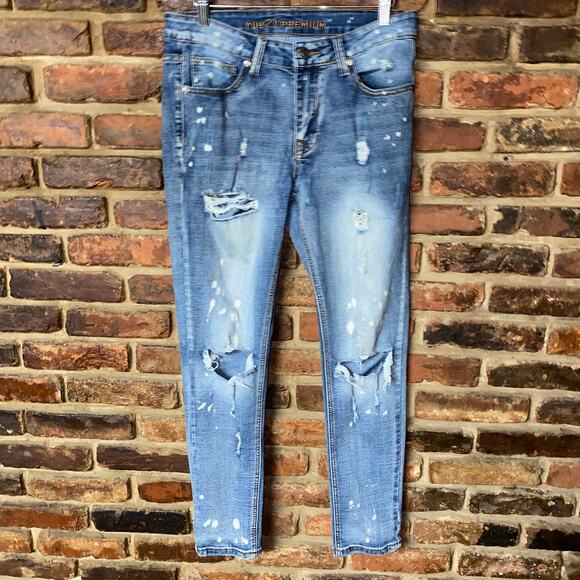Rue21 Other - Rue 21 Blue Distressed Bleach Splatter Denim Skinny Supreme Flex Jeans 30x30